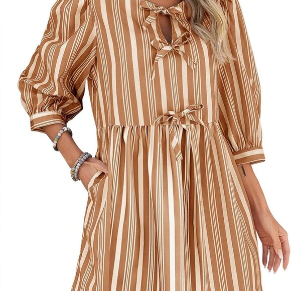 Dresses & Skirts - Women's Puff Sleeve Mini Dress Cotton Striped Casual Beach Summer Dress